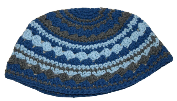 Frik Kippah Skull Cap Crochet Blue Aqua Gray Thick Knit Striped 21 cm