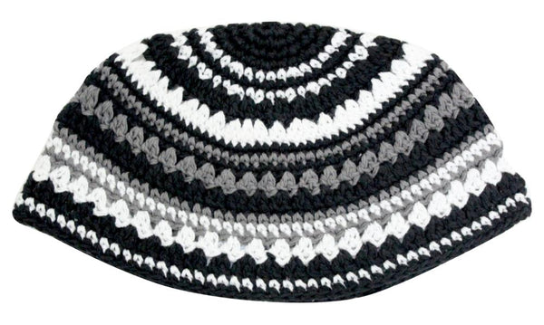 Frik Kippah Yarmulke Crochet Black Gray White Striped Israel 23 cm