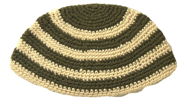 Frik Kippah Yarmulke Yamaka Crochet Colorful Beige Olive Striped Israel 23 cm
