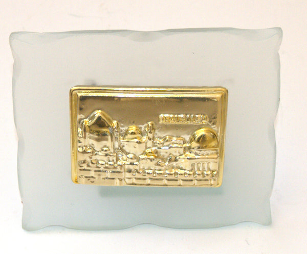 Glass Stand w Jerusalem Old City View Metal Plate Desk Mantel Ornament Holy Land