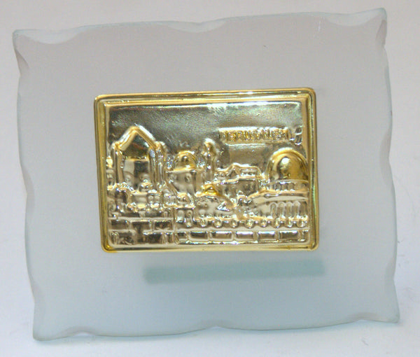 Glass Stand w Jerusalem Old City View Metal Plate Desk Mantel Ornament Holy Land