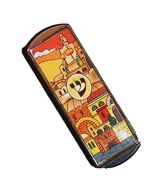 Judaica Car Mezuzah Case Aluminum Epoxy Jerusalem View w Blessing Hebrew 4 cm
