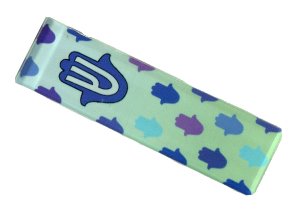 Judaica Car Mezuzah Case Perspex Blue Hamsa 4 cm