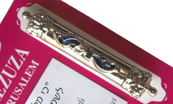 Judaica Car Mezuzah Case Travel Protection Charm Blue Enamel Flame SHADAI Crown