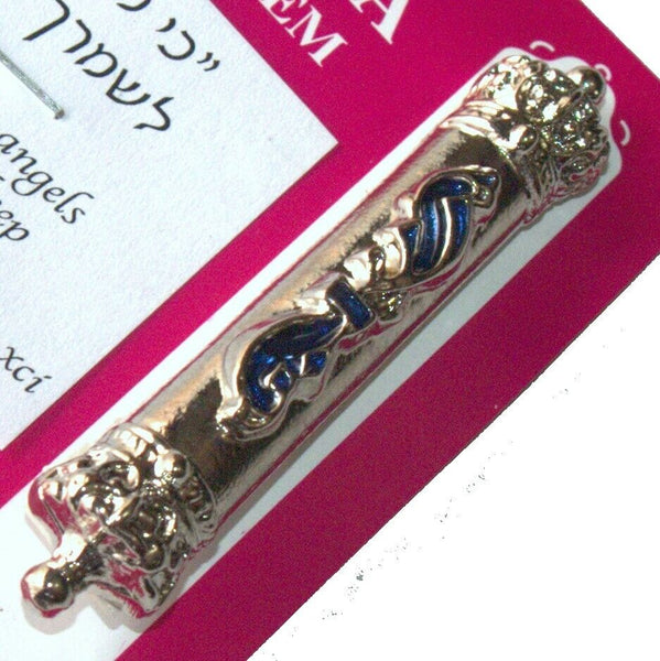 Judaica Car Mezuzah Case Travel Protection Charm Blue Enamel Flame SHADAI Crown
