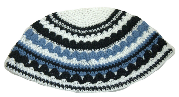 Judaica Frik Kippah Black Blue White Striped Knitted Cotton Stretch Israel 22 cm