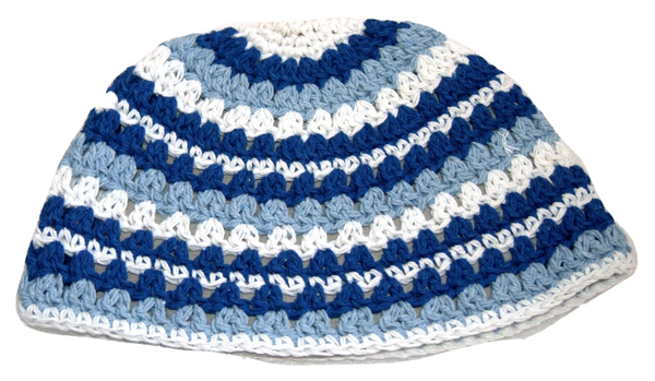 Judaica Frik Kippah Aqua White Blue Striped Knitted Cotton Stretch Israel 21 cm