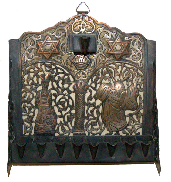 Judaica Hanukkah Copper Damascus Silver Copper Oil Menorah Ma'amad Har Sinai