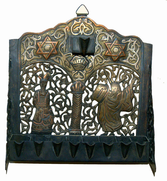 Judaica Hanukkah Copper Damascus Silver Copper Oil Menorah Ma'amad Har Sinai
