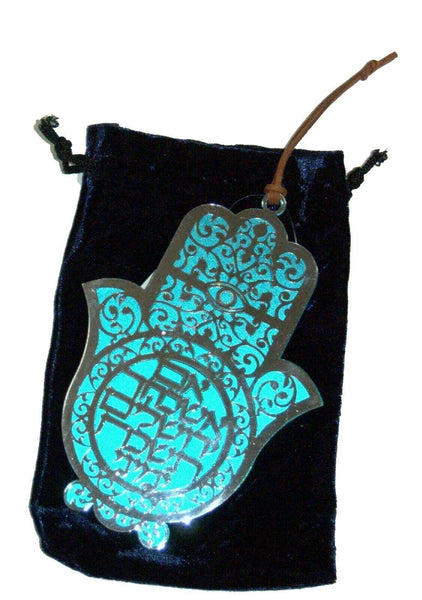 Judaica Kabbalah Hamsa Hebrew Turquoise Silver Plated Thee Jerusalem Wall Hang