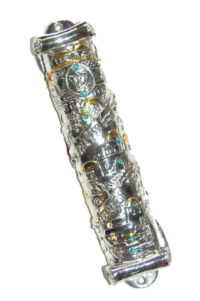 Judaica Large Mezuzah Case Plated Polyresin Scroll Shape Aqua Crystals 12 cm