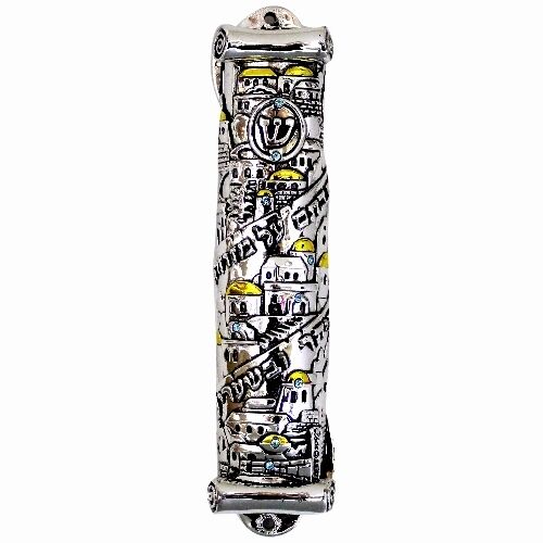 Judaica Large Mezuzah Case Plated Polyresin Scroll Shape Aqua Crystals 12 cm