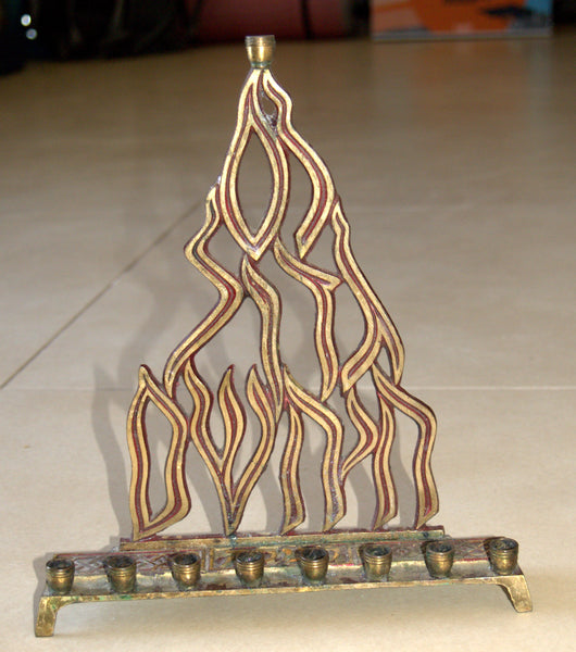 Judaica Menorah Hanukkah Vintage Israel Flame Nes Gadol Red Signed KL Hakuli