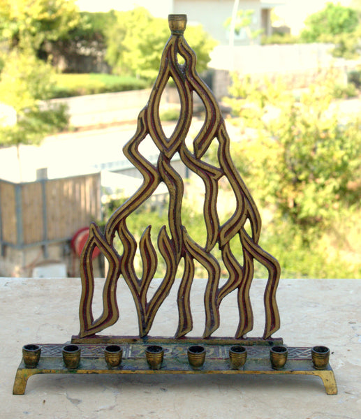 Judaica Menorah Hanukkah Vintage Israel Flame Nes Gadol Red Signed KL Hakuli