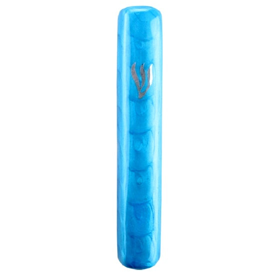 Judaica Mezuzah Case Aluminum Enamel Bright Blue Silver Shin 10 cm