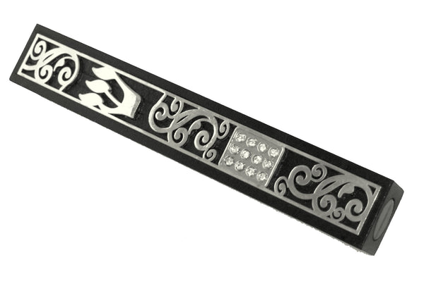 Judaica Mezuzah Case Black Wood Metal Clear Hoshen Stones 15 cm Closed Back