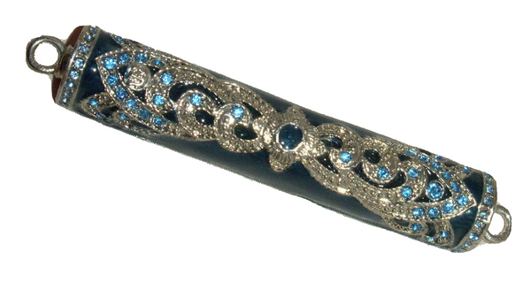 Judaica Mezuzah Case Blue Enamel Aqua Crystals Silver Ethnic Decoration 7 cm