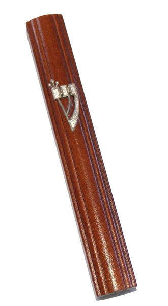 Judaica Mezuzah Case Brown Wood Decorative Metal SHIN 12 cm