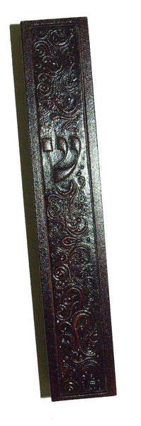 Judaica Mezuzah Case Brown Wood Oriental Decorated Leather Front 12 cm