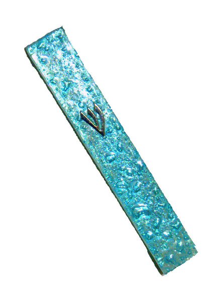 Judaica Mezuzah Case Clear Glass Aqua Bubbles 10 cm Irregular Facet Closed Back