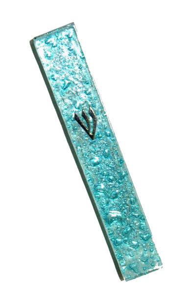 Judaica Mezuzah Case Clear Glass Aqua Bubbles 10 cm Irregular Facet Closed Back