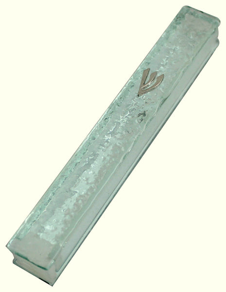 Judaica Mezuzah Case Clear Glass Closed Back 12 cm Irregular Facet Design