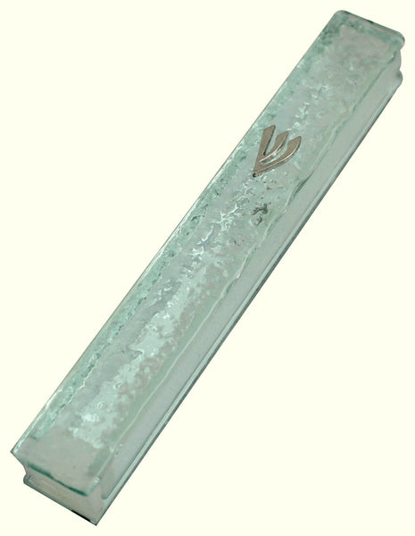 Judaica Mezuzah Case Clear Glass Closed Back 10 cm Irregular Facet Design