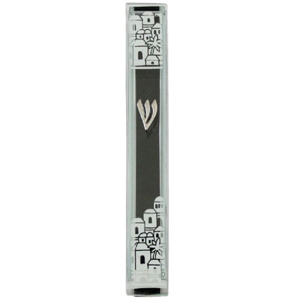 Judaica Mezuzah Case Clear Glass Silver SHIN 15 cm Jerusalem View Closed Back