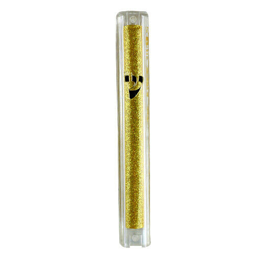 Judaica Mezuzah Case Clear Sparkling Gold Plastic Tube Closed Back 10 cm