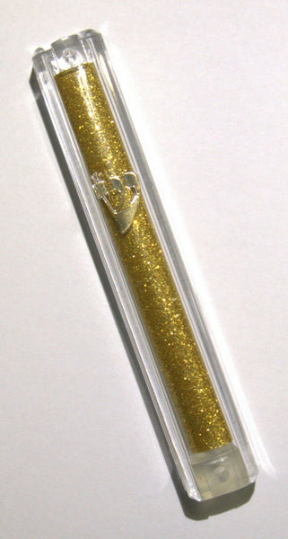 Judaica Mezuzah Case Clear Sparkling Gold Plastic Tube Closed Back 10 cm