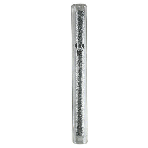 Judaica Mezuzah Case Clear Sparkling Silver Plastic Tube Closed Back 10 cm