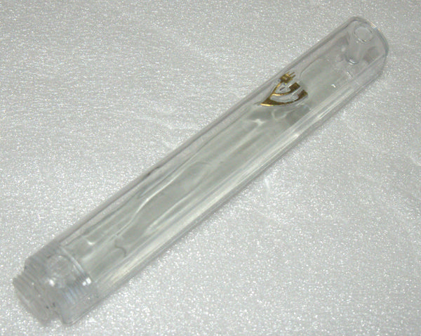 Judaica Mezuzah Case Clear Transparent Plastic Golden Shin Closed Back 10 cm