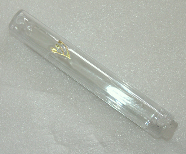 Judaica Mezuzah Case Clear Transparent Plastic Golden Shin Closed Back 10 cm