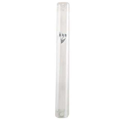 Judaica Mezuzah Case Clear Transparent Plastic Silver Shin Closed Back 15 cm