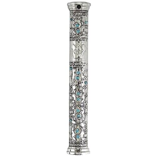 Judaica Mezuzah Case Engraved Inlaid Crystals Nickel Filigree Decorated 12 cm