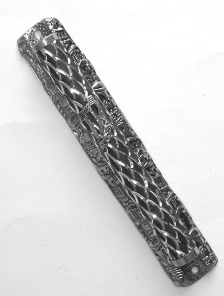 Judaica Mezuzah Case Engraved Jerusalem View Silver Tone Decorated 12 cm