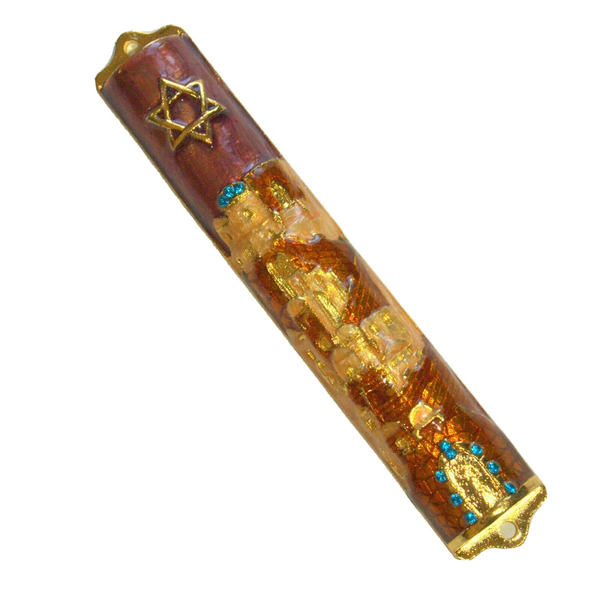 Judaica Mezuzah Case Jerusalem Gold Brown Enamel Decorated Blue Crystals 10 cm