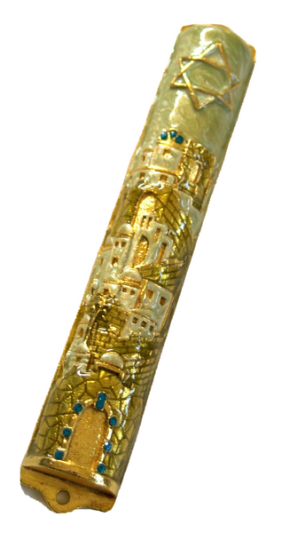Judaica Mezuzah Case Jerusalem Gold Pearl Enamel Decorated Blue Crystals 10 cm