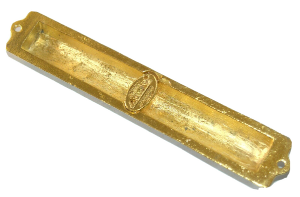 Judaica Mezuzah Case Jerusalem Gold Pearl Enamel Decorated Blue Crystals 10 cm