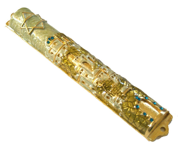 Judaica Mezuzah Case Jerusalem Gold Pearl Enamel Decorated Blue Crystals 12 cm