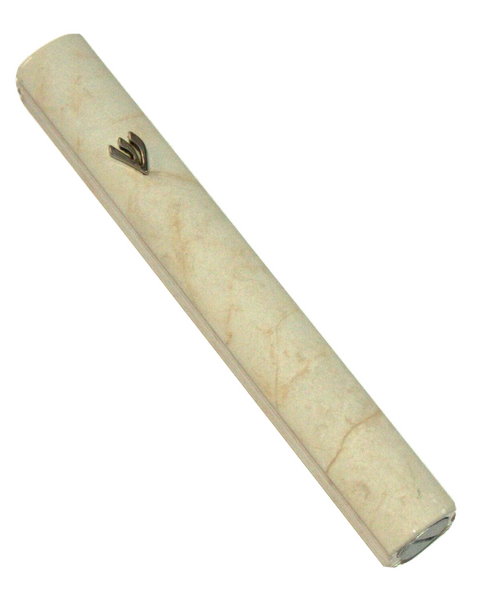 Judaica Mezuzah Case Marble Like Off White Aluminum Closed Back 10 cm
