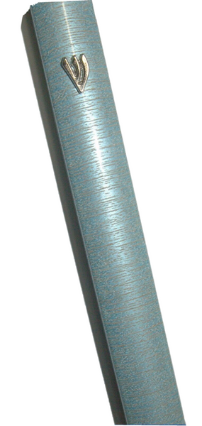 Judaica Mezuzah Case Metallic Pale Blue Gray Stripes Aluminum 12 cm Closed Back