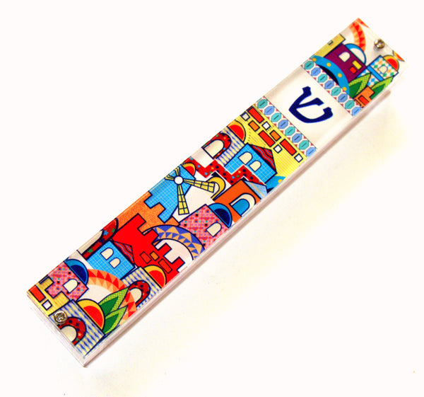 Judaica Mezuzah Case Perspex Colorful Jerusalem View 10 cm Israel