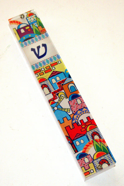 Judaica Mezuzah Case Perspex Colorful Jerusalem View 10 cm Israel