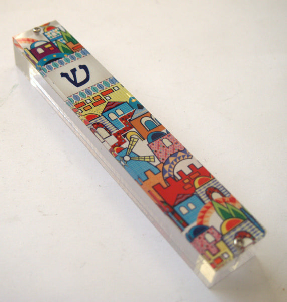 Judaica Mezuzah Case Perspex Colorful Jerusalem View 10 cm Israel