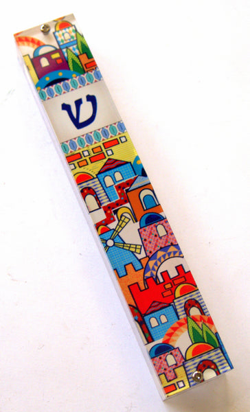 Judaica Mezuzah Case Perspex Colorful Jerusalem View 10 cm Israel