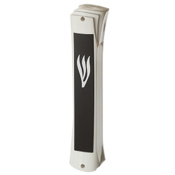 Judaica Mezuzah Case Plastic White w Black Front Closed Back 12 cm