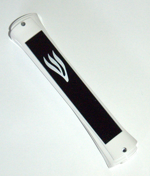 Judaica Mezuzah Case Plastic White w Black Front Closed Back 12 cm