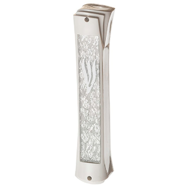 Judaica Mezuzah Case Plastic White w Sparkling Silver Front Closed Back 12 cm