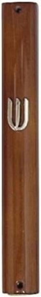Judaica Mezuzah Case Semi Round Brown Wood Decorative Metal SHIN 12 cm